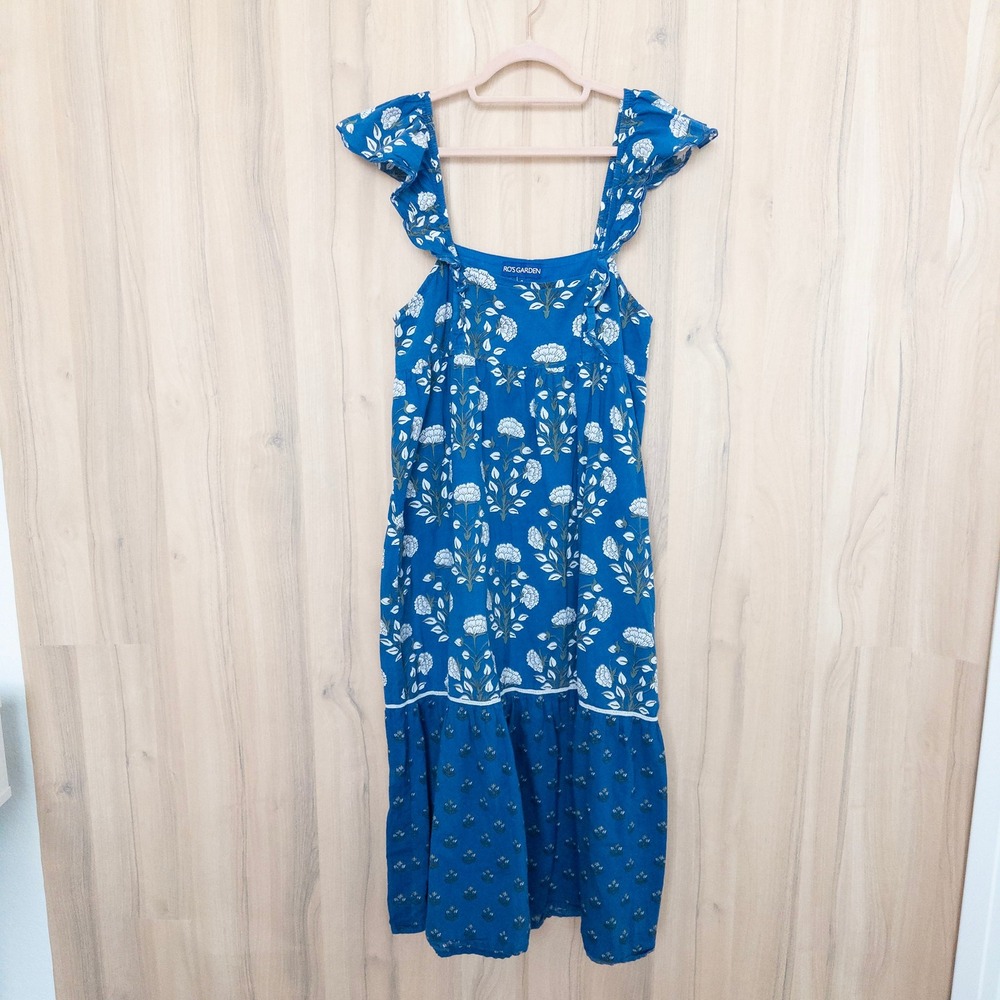 Ro's Garden Floral Midi Dress Small Blue Ruffle Cotton Boho Cottage Prairie